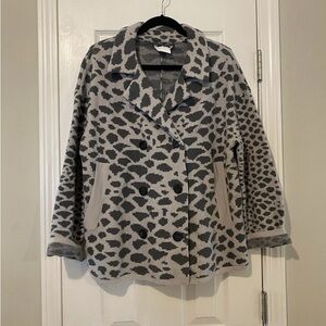 Rene Lezard Double Breasted Knit Pea Coat Gray Leopard Print Virgin Wool 34